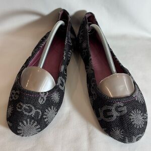 UGG Sz 8 Patterned Black Flats Denim Ballet Flats Purple Lining Rubber Sole